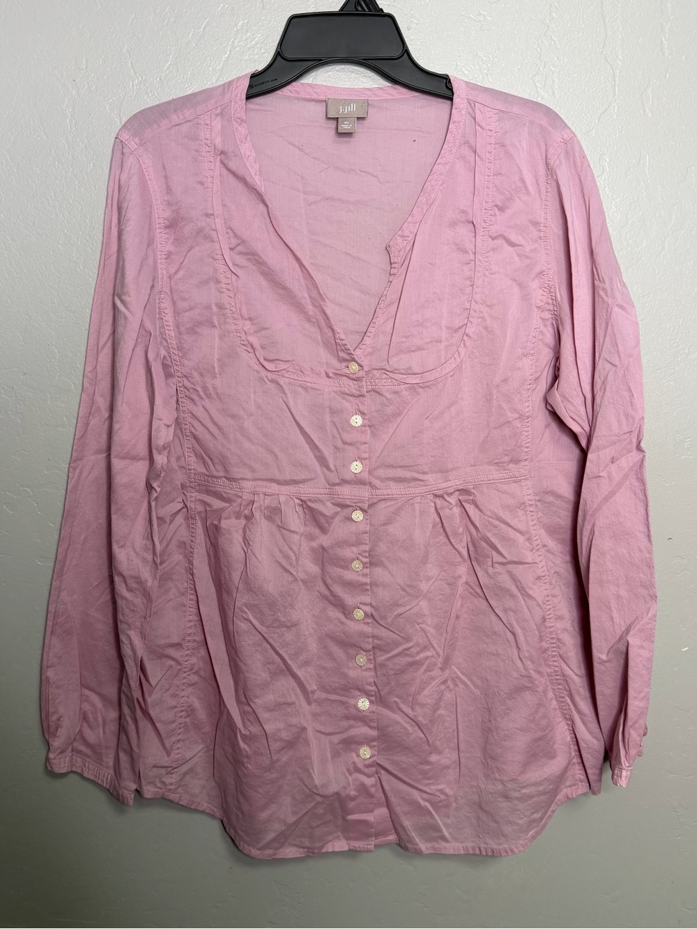 J. Jill Pink 100% Cotton Button Front Blouse Long Sleeve Empire Waist Sz XL